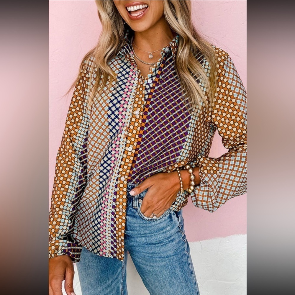 Multicolor polka dot long sleeve button up size large New - Picture 1 of 6